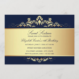 16 ans   Invitation Royal Blue & Gold Damask