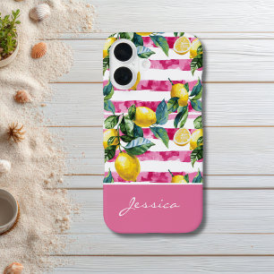16 Coque iPhone à motif citron rayure rose personnali