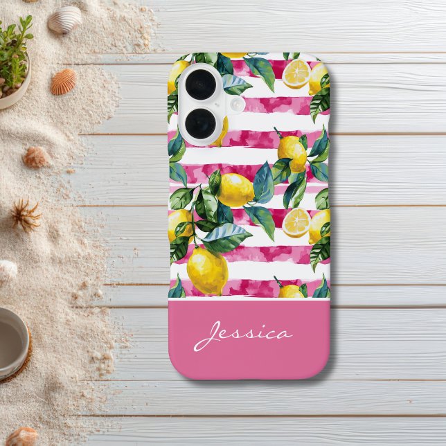 16 Coque iPhone à motif citron rayure rose personnali (Créateur téléchargé)