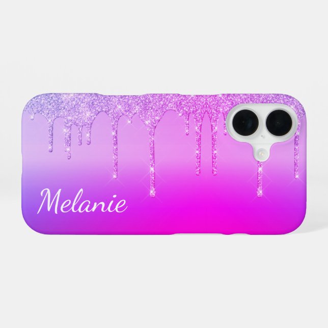 16 Coque iphone de néon rose violet avec nom personna (Verso Horizontal)