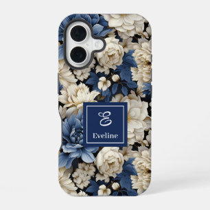 16 Coque iPhone Fleurs Navy Bleu Floral Élégant