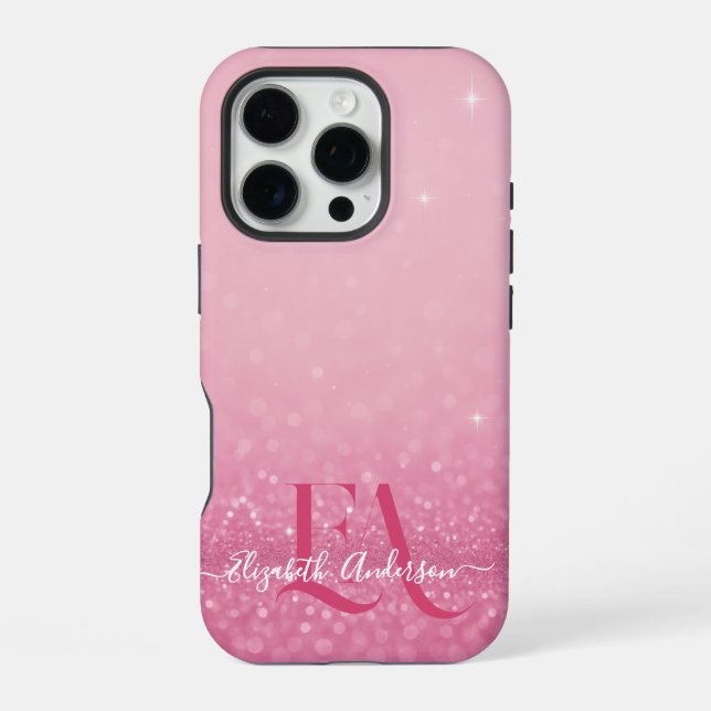 16 Pro Coque iPhone à paillettes roses avec initiales et  (Verso)