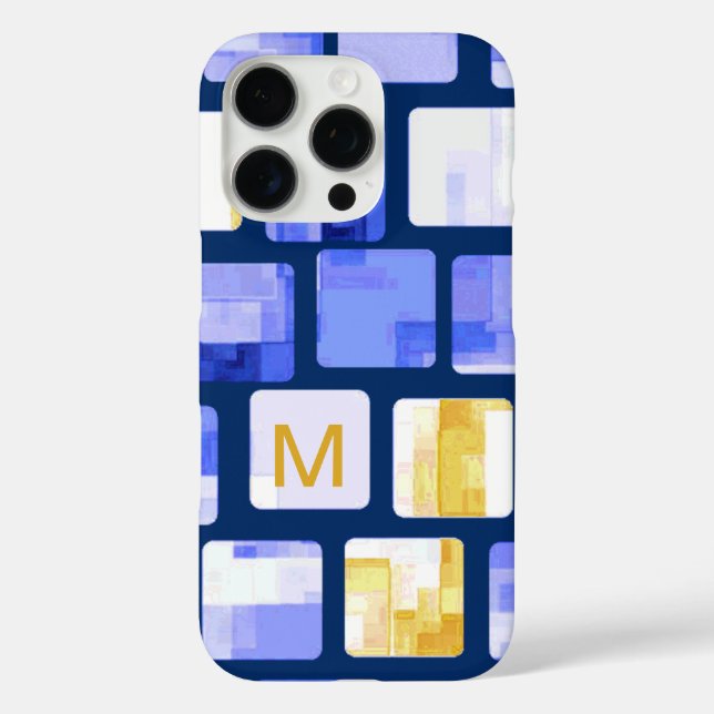 16 Pro Coque iphone de mosaïque blanche bleu or (Verso)