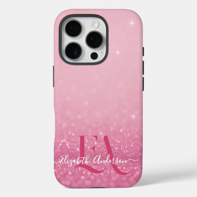 16 Pro Coque iphone de Parties scintillant rose avec init (Verso)