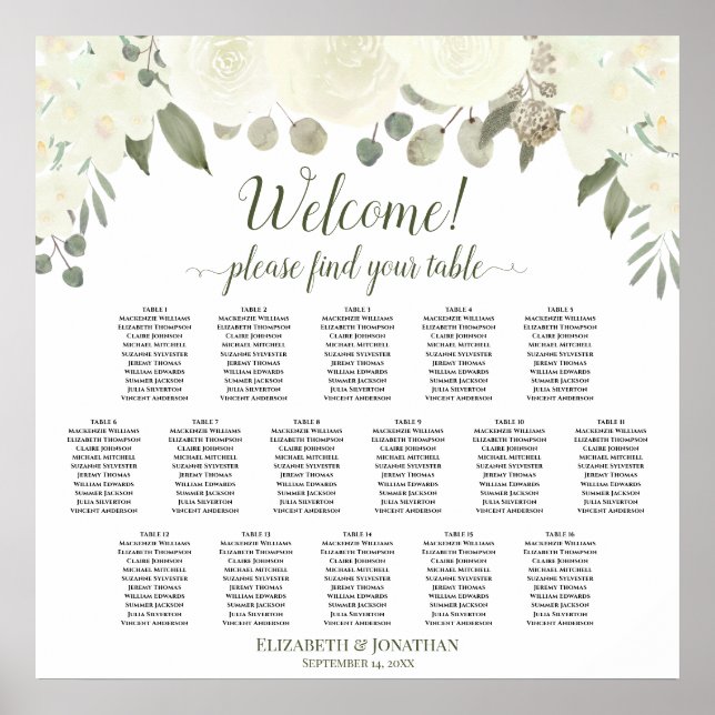 16 Tableau Sièges Mariages de roses blanches ivoir (Devant)