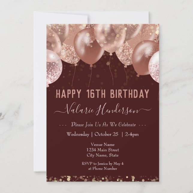 16e anniversaire Ballons roses Invitation (Devant)