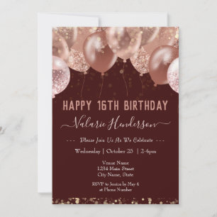 16e anniversaire Ballons roses Invitation