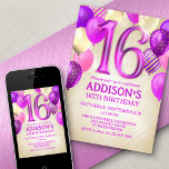 16e anniversaire Ballons roses Invitation<br><div class="desc">Une fête, une fête entière, et rien d'autre qu'une fête. C'est ce qu'il y a dans cette conception d'anniversaire. Avec ses numéros audacieux et sa typographie élégante entourée de ballons, ce design est aussi chic, tendance et flirtant qu'elle l'est. Les couleurs rose, magenta et or donnent un air féministe et...</div>
