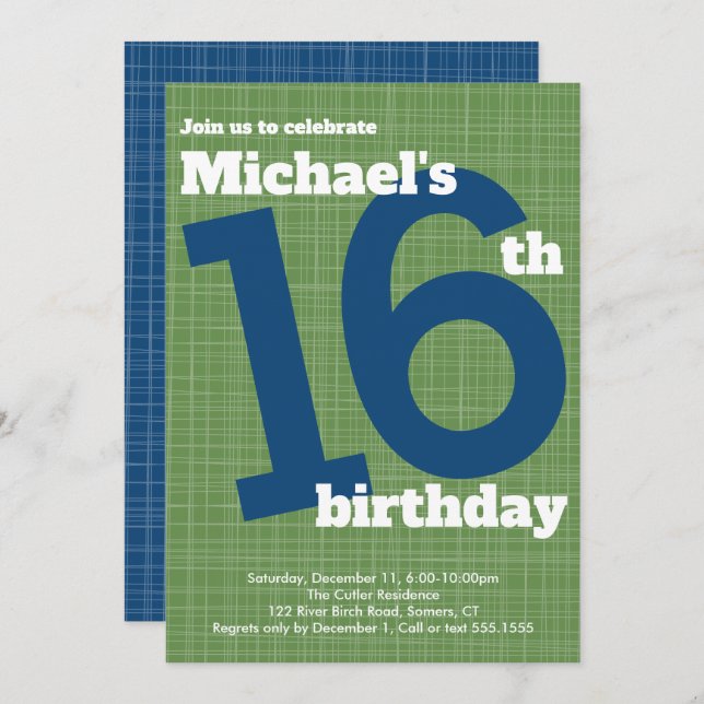 16e anniversaire Invitation Bleue avec Accent Vert (Devant / Derrière)