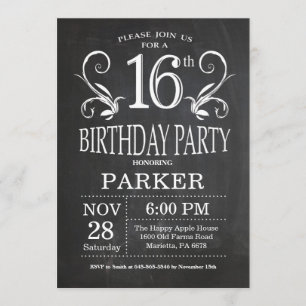 16e anniversaire Invitation Chalkboard Floral