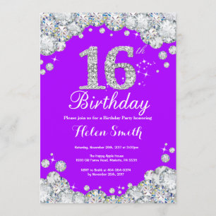 16e anniversaire Invitation Diamant mauve et argen