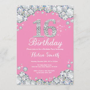 16e anniversaire Invitation Diamant rose et argent