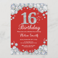 16e anniversaire Invitation Diamant rouge et argen