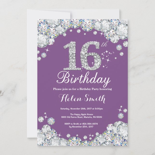 16e anniversaire Invitation Diamant violet et arge (Devant)