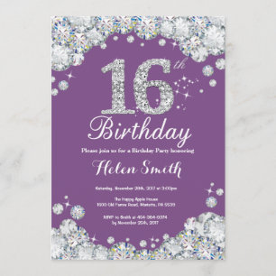 16e anniversaire Invitation Diamant violet et arge