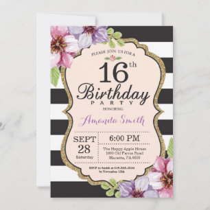 16e anniversaire Invitation Femmes. Noir d'or flor