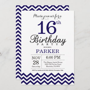 16e anniversaire Invitation Marine Blue Chevron