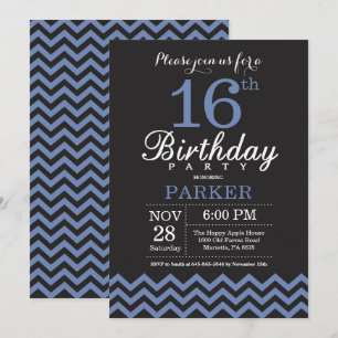 16e anniversaire Invitation noir et bleu