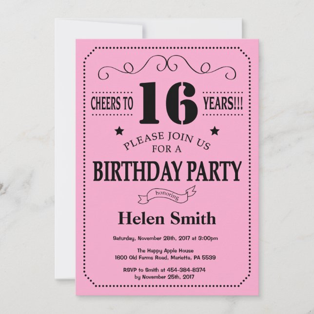16e anniversaire Invitation noir et rose (Devant)