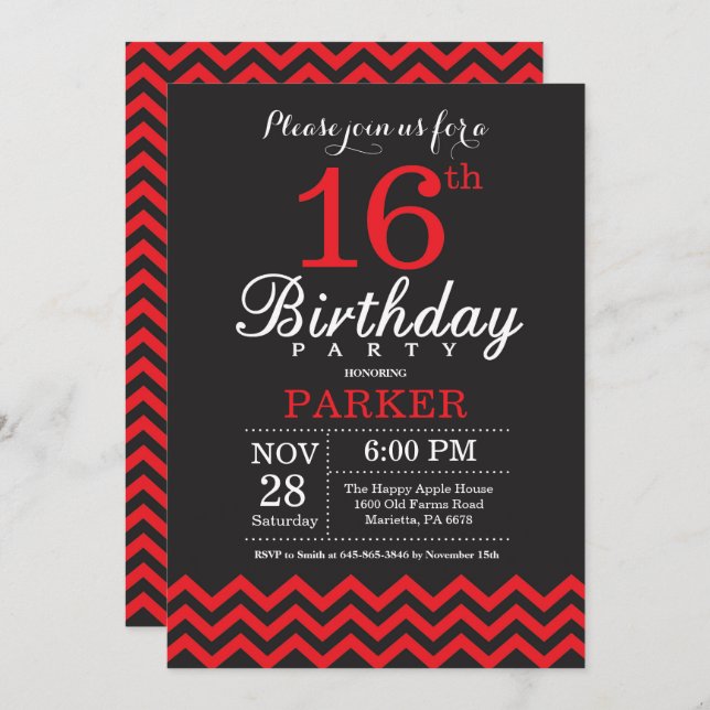 16e anniversaire Invitation Noir et Rouge (Devant / Derrière)