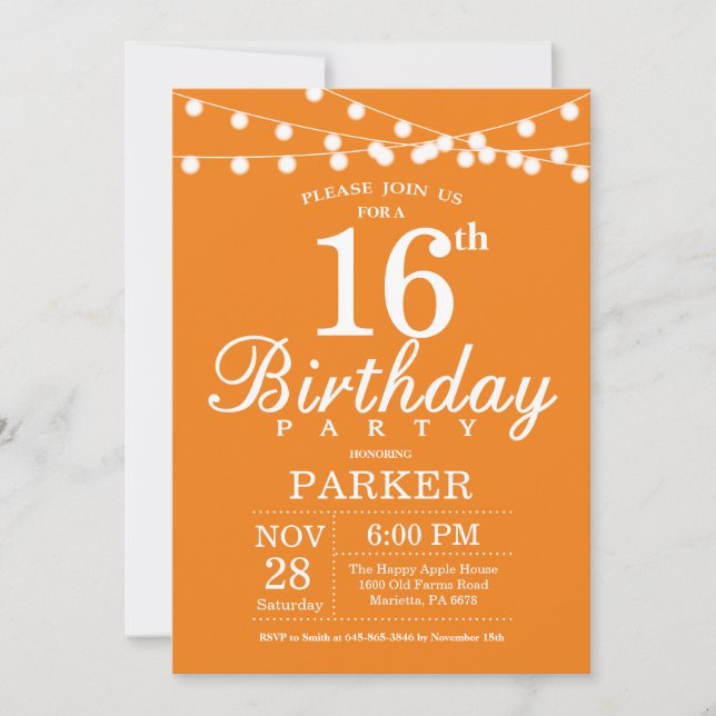 16e anniversaire Invitation Orange (Devant)