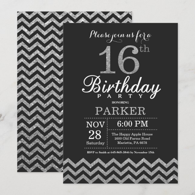 16e anniversaire Invitation Parties scintillant no (Devant / Derrière)