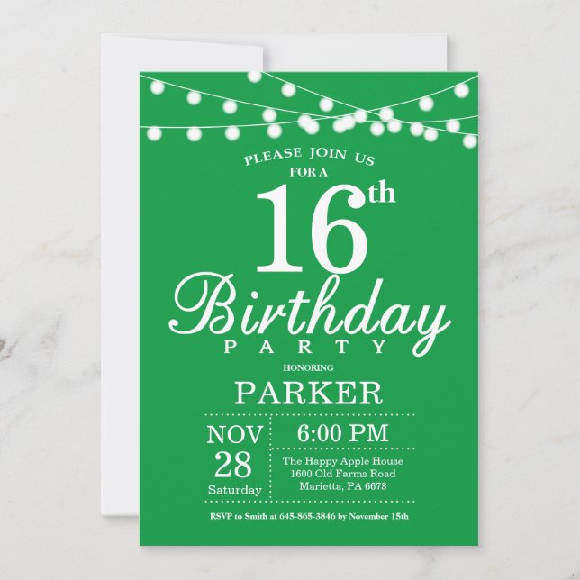 16e anniversaire Invitation verte (Devant)