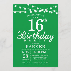 16e anniversaire Invitation verte