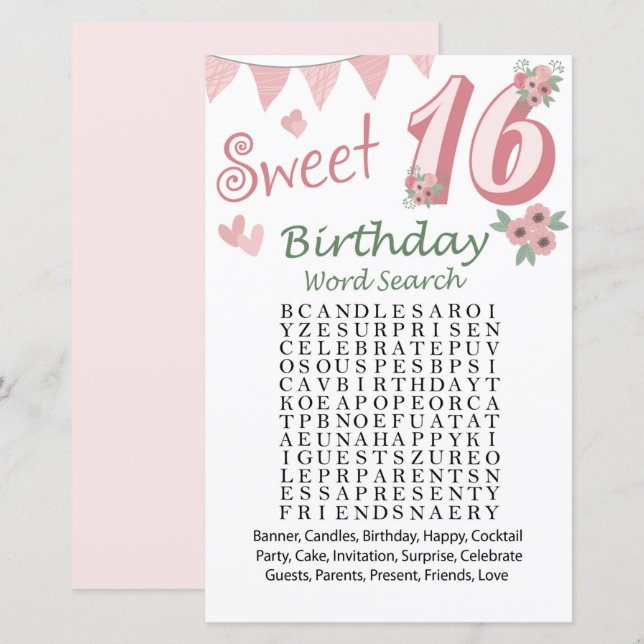 16e anniversaire Mot de recherche Jeu (Devant / Derrière)