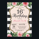 16e Invitation d'anniversaire. Noir d'or rose flor<br><div class="desc">16e Invitation d'anniversaire pour ado,  dame. Sweet sixteen. Invitation de la fête d'anniversaire Black and Gold. Parties scintillant d'or. Fleur florale d'aquarelle rose. Grandes taches noires et blanches. Numérique imprimable.
Pour plus de personnalisation,  cliquez sur le bouton "Customiser" et utilisez notre outil de conception pour modifier ce modèle.</div>