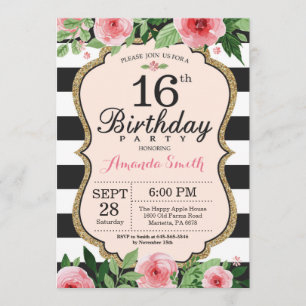 16e Invitation d'anniversaire. Noir d'or rose flor