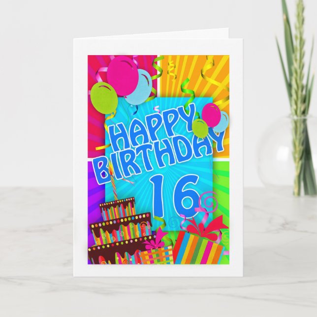 16ème carte d'anniversaire lumineuse et colorée - (Devant)