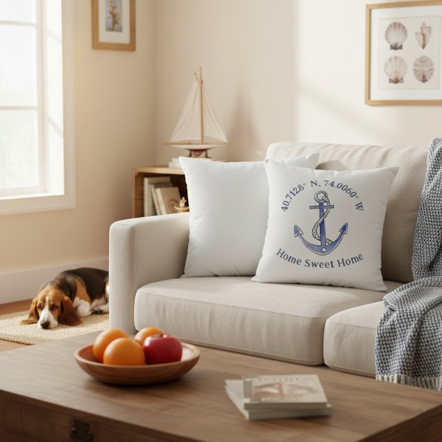 16x16 Home Sweet Home Emplacement et Coussin d'Anc (Home sweet home custom location throw pillow with anchor.)