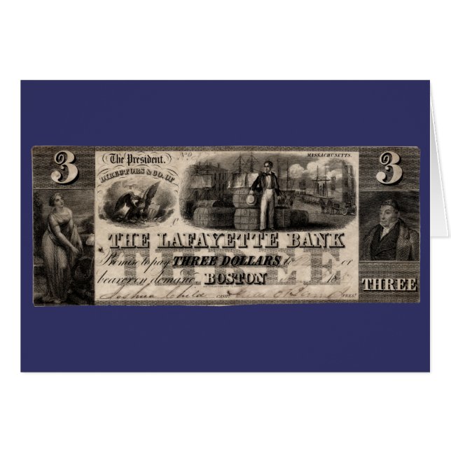 1837 Lafayette Bank Note à trois dollars (Devant horizontal)