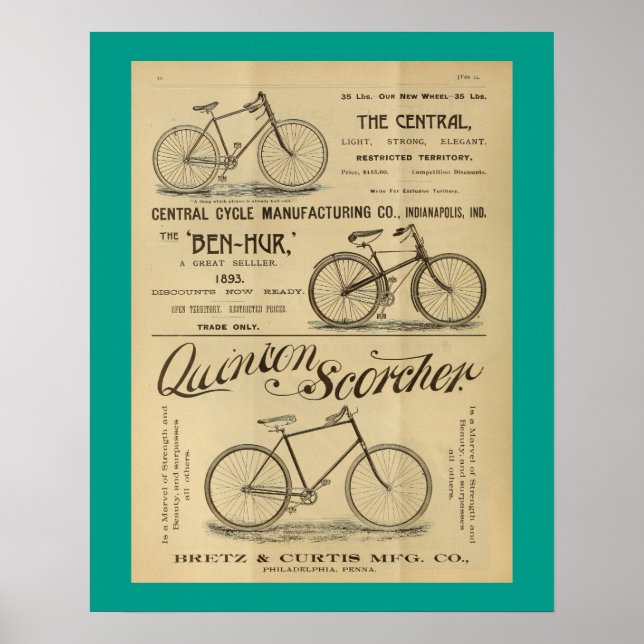 1893 Vintage Scorcher Bicycle Ad Art Poster (Devant)