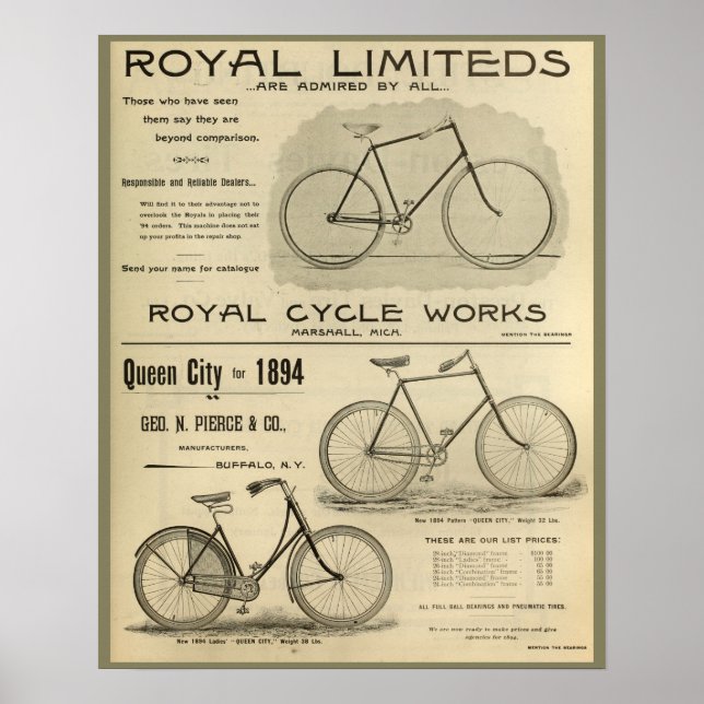 1894 Royal Cycle Works Bicycle Ad Art Poster (Devant)