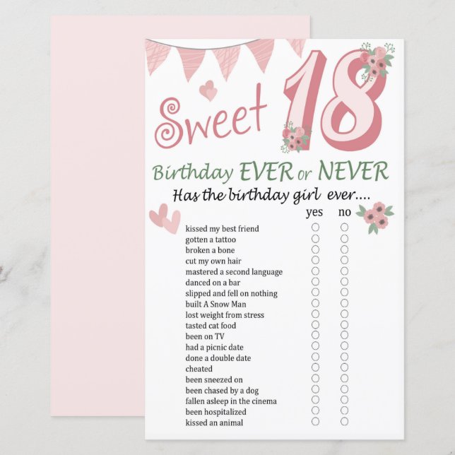 18 e anniversaire Jeu jamais ou jamais (Devant / Derrière)