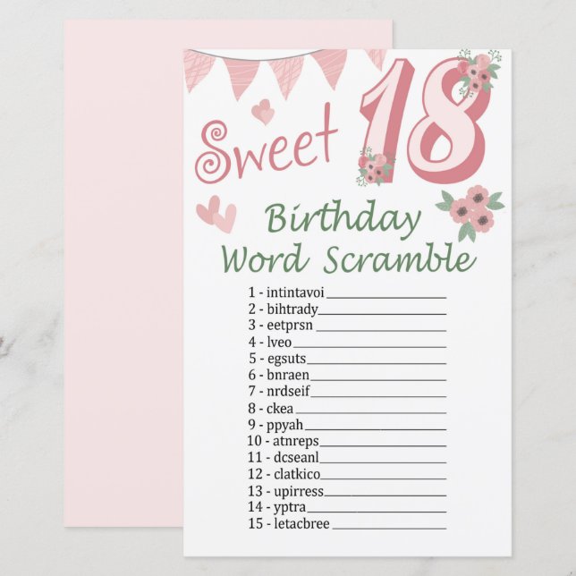 18 e Anniversaire Mot Scramble Jeu (Devant / Derrière)