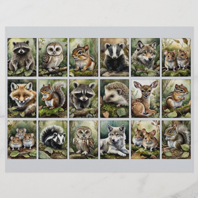 18 rectangles d'animaux de forêt pour Junk Journal (Devant)