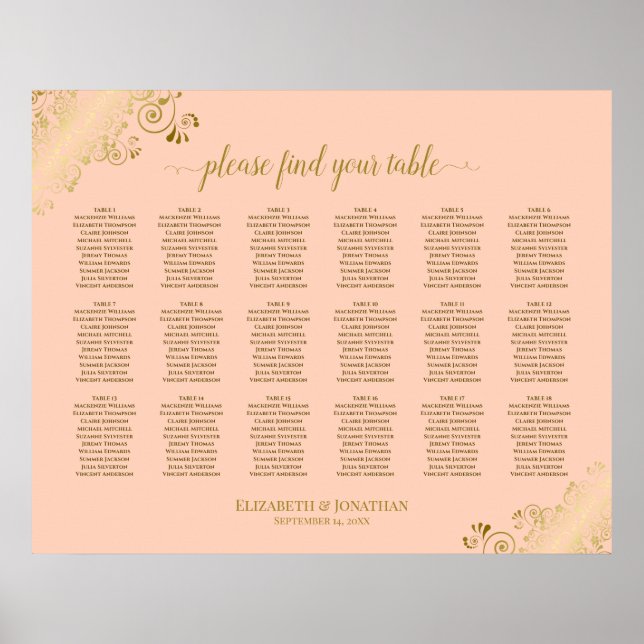 18 Tableau Mariage Plat de  Coral Peach & Gold (Devant)
