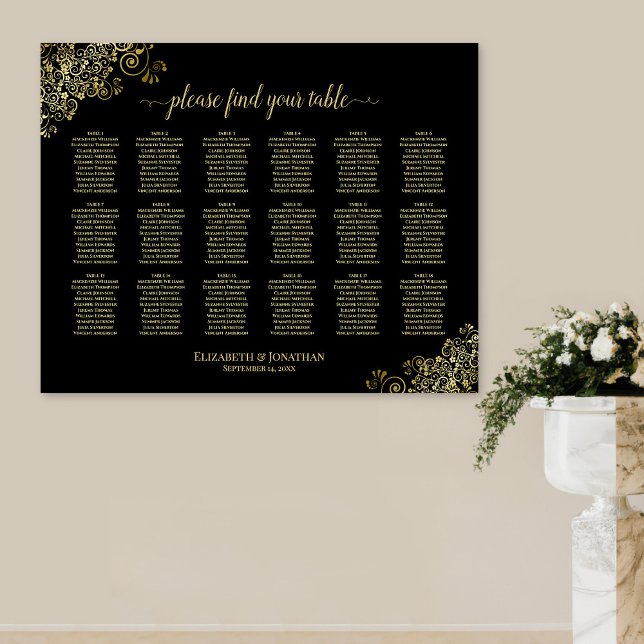 18 Tableau Mariage Sièges Noir & Or Frills (In Situ on Wall)