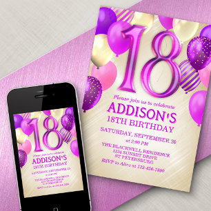 18e anniversaire Ballons roses Invitation