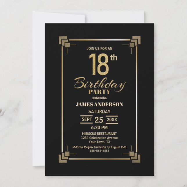 18e anniversaire Black and Gold Party Invitation (Devant)