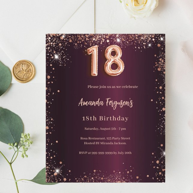 18e anniversaire burgundy rose or invitation (Créateur téléchargé)