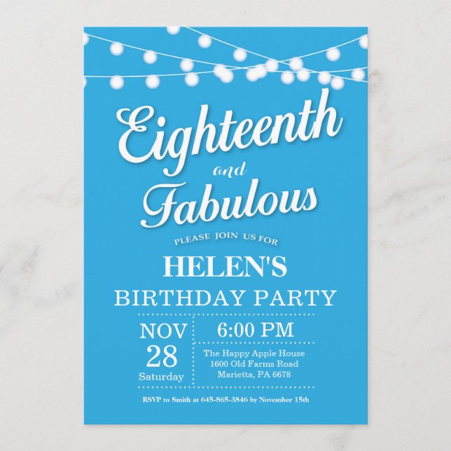 18e anniversaire Invitation Bleu Fabuleux (Devant)