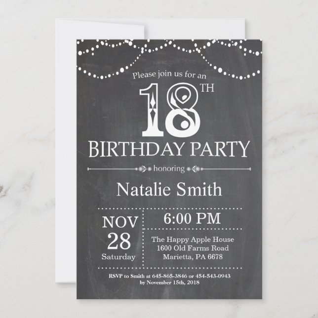 18e anniversaire Invitation Chalkboard Éclairages (Devant)