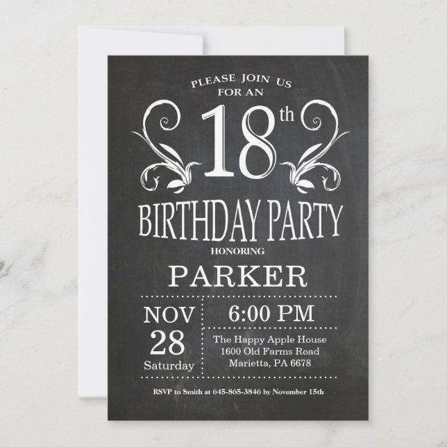 18e anniversaire Invitation Chalkboard Floral (Devant)
