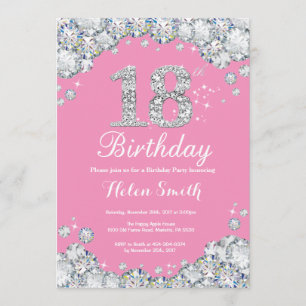 18e anniversaire Invitation Diamant rose et argent