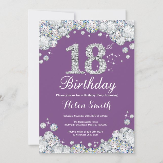 18e anniversaire Invitation Diamant violet et arge (Devant)