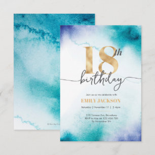 18e anniversaire Invitation d'or d'aquarelle turqu